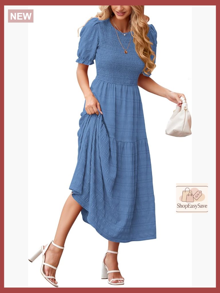 Boho Maxi Dress With Puff Sleeves Smocked Bust Tiered Hem Flowy Summer